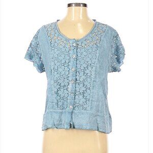 MALOKA Blue Linen Lace Short Sleeve Top Size 6